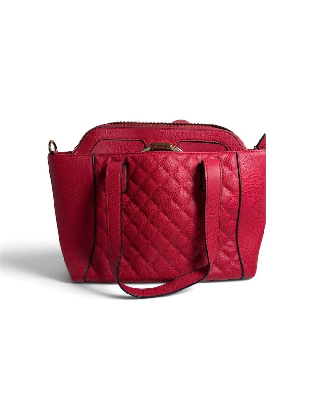 Structured Quilted Red Double 2-in-1 Tote Bag within a Bag and Dual Handles